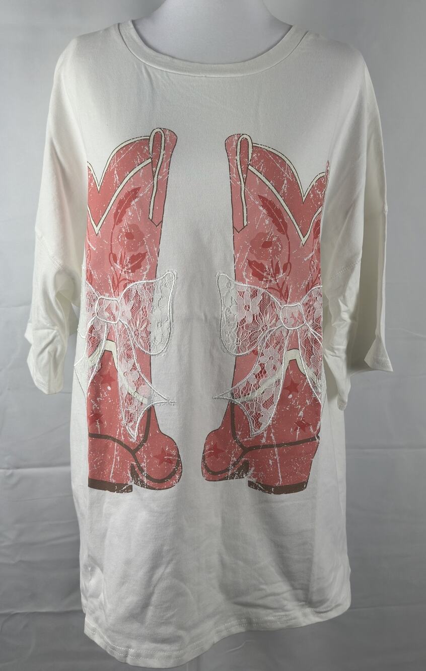 NWT Peach Love Pink Cowboy Boots Lace Applique Top Size Large